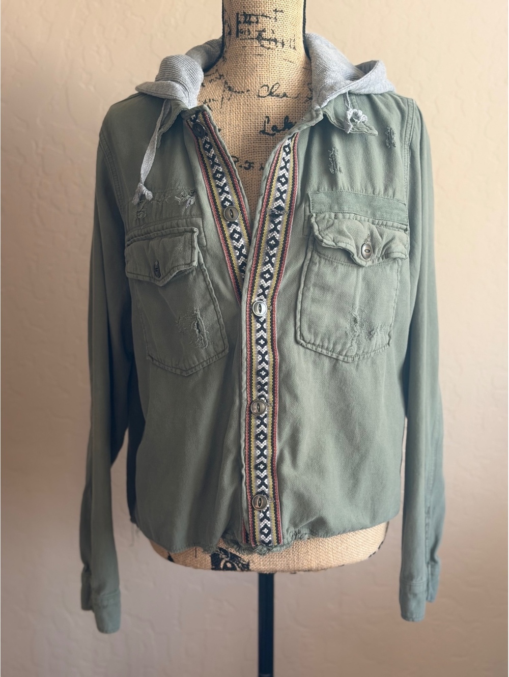 Free People Weekend Wanderer Large Olive Distressed Hooded Utility Jacket